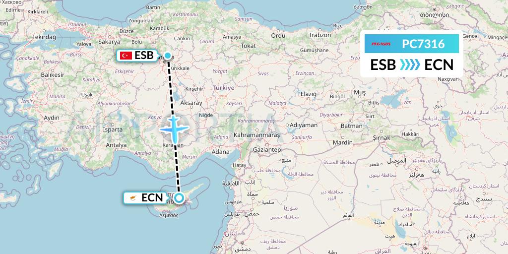 PC7316 Pegasus Airlines Flight Map: Ankara to Tymvou