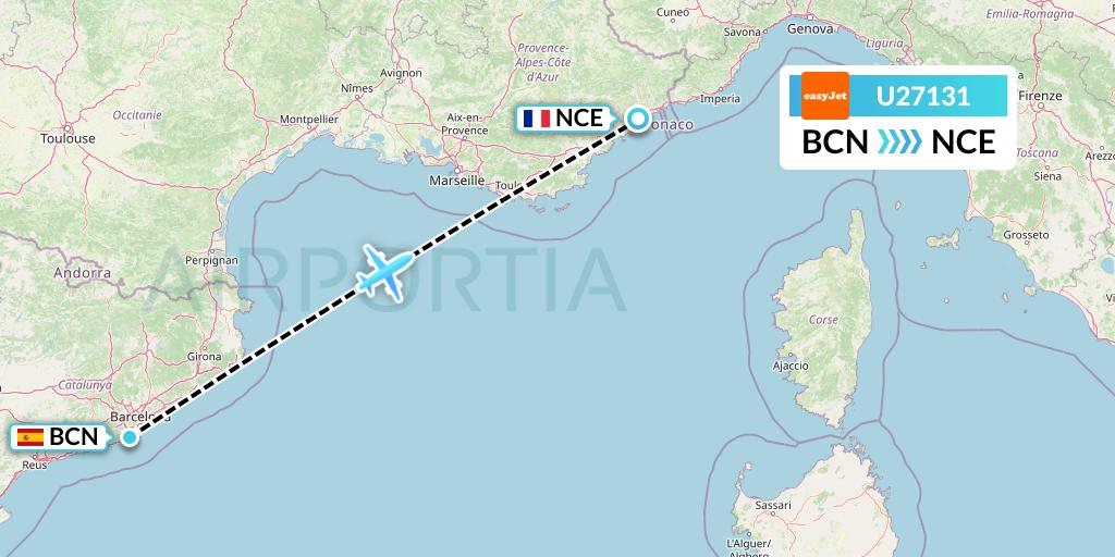 U27131 EasyJet Flight Map: Barcelona to Nice