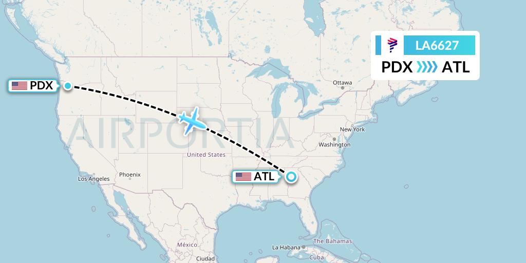 LA6627 LAN Airlines Flight Map: Portland to Atlanta