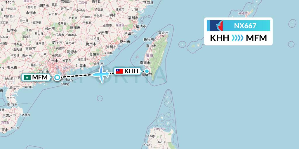 NX667 Air Macau Flight Map: Kaohsiung to Macau