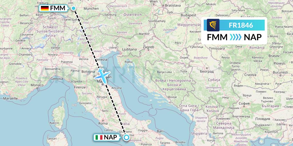 FR1846 Ryanair Flight Map: Memmingen to Naples