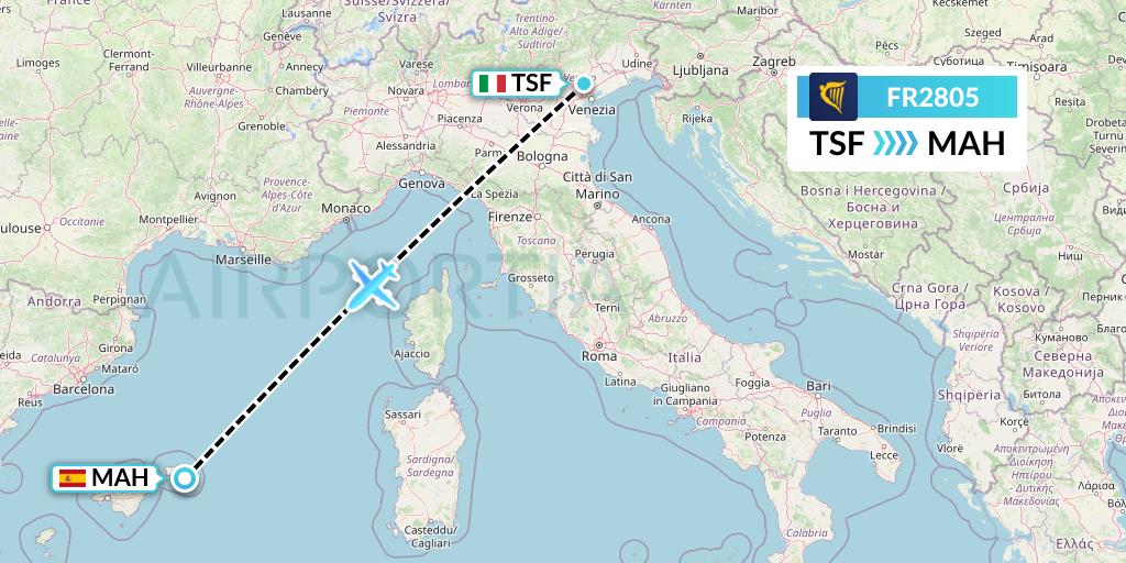 FR2805 Ryanair Flight Map: Treviso to Mahon