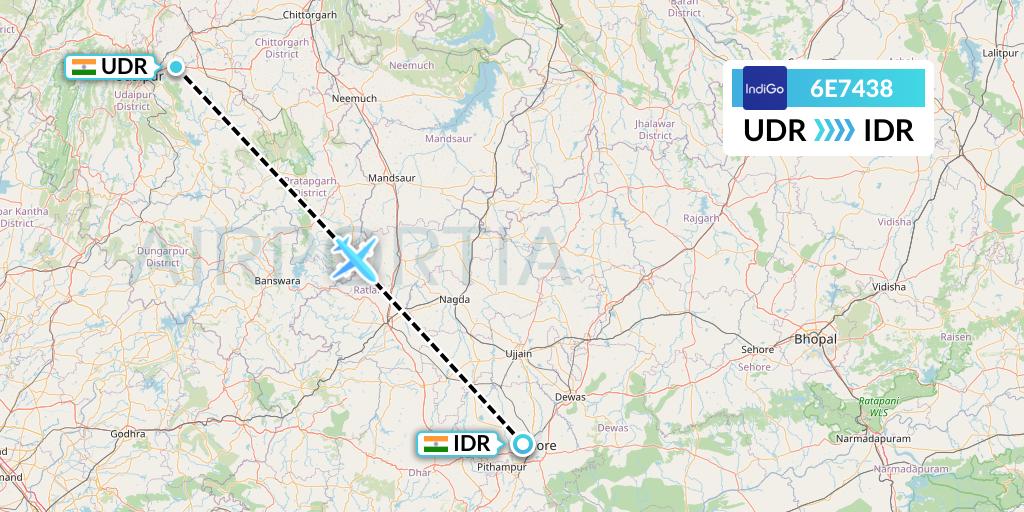 6E7438 IndiGo Airlines Flight Map: Udaipur to Indore
