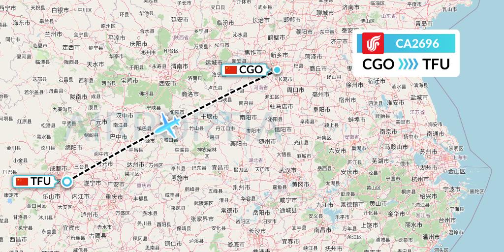 CA2696 Air China Flight Map: Zhengzhou to Chengdu