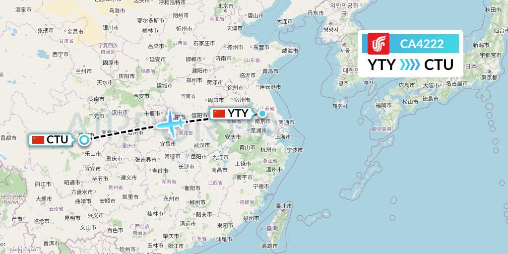 CA4222 Air China Flight Map: Yangzhou to Chengdu
