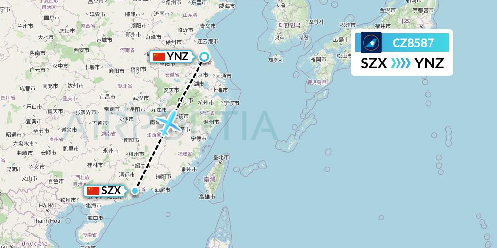 CZ8587 China Southern Airlines Flight Map: Shenzhen to Yancheng
