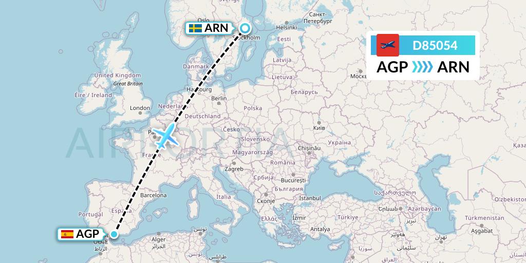 D85054 Norwegian Air International Flight Map: Malaga to Stockholm
