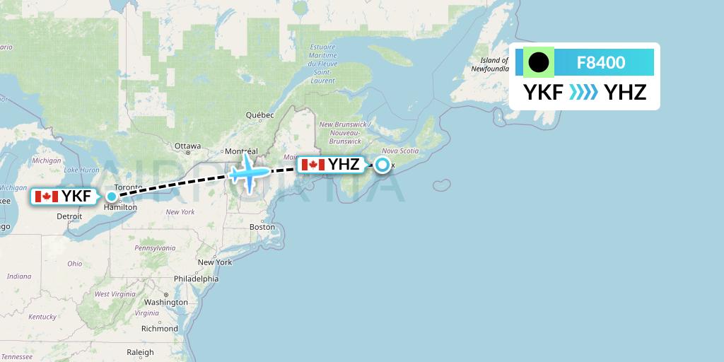 F8400 Flair Airlines Flight Map: Waterloo to Halifax