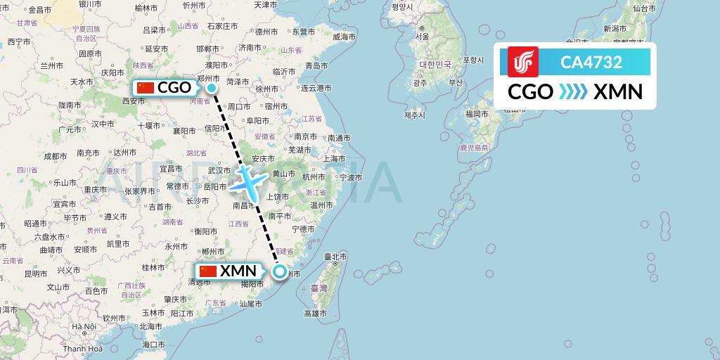 CA4732 Air China Flight Map: Zhengzhou to Xiamen