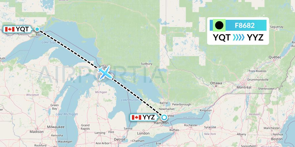 F8682 Flair Airlines Flight Map: Thunder Bay to Toronto
