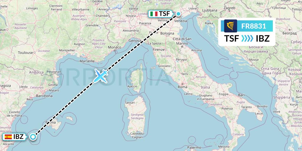 FR8831 Ryanair Flight Map: Treviso to Ibiza