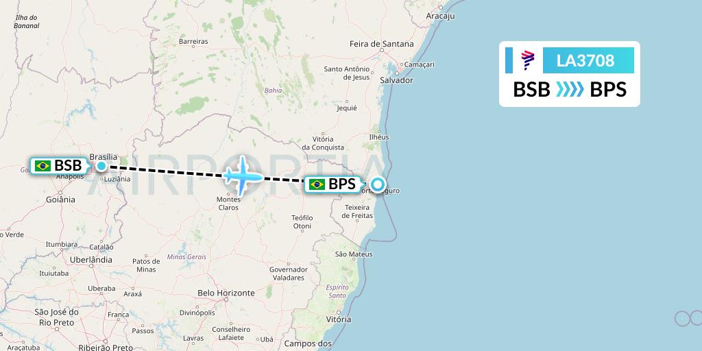 LA3708 LAN Airlines Flight Map: Brasilia to Porto Seguro