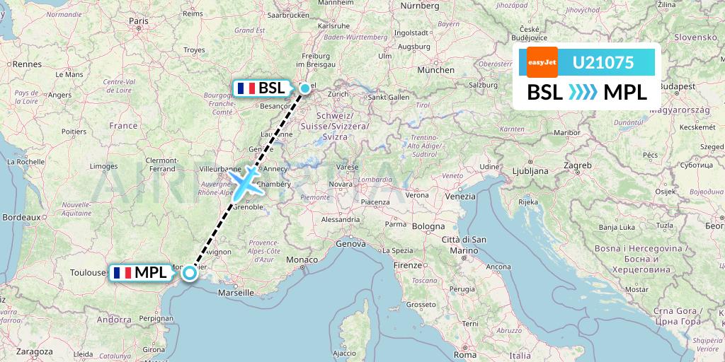 U21075 EasyJet Flight Map: Basel to Montpellier