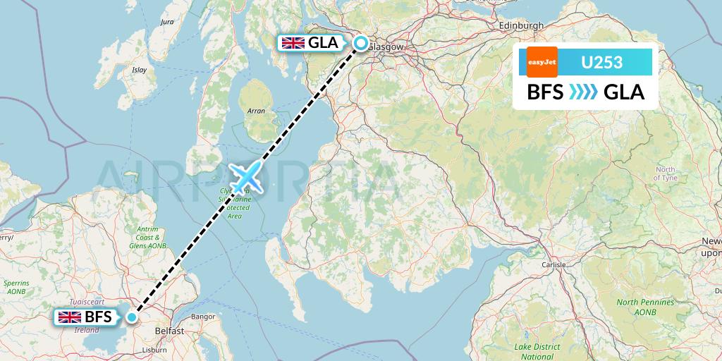 U253 EasyJet Flight Map: Belfast to Glasgow