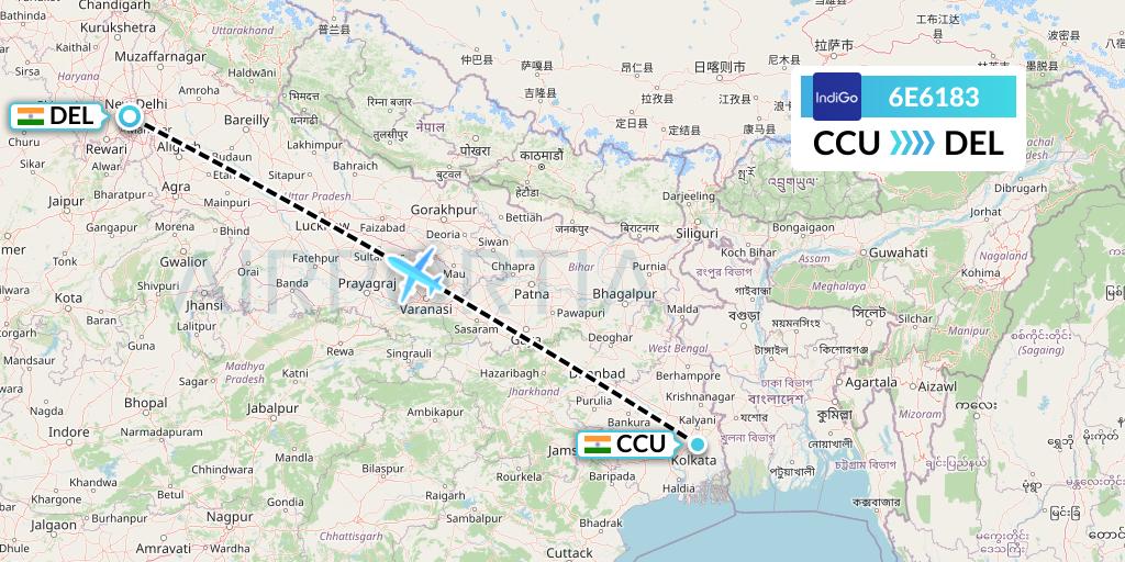 6E6183 IndiGo Airlines Flight Map: Kolkata to Delhi