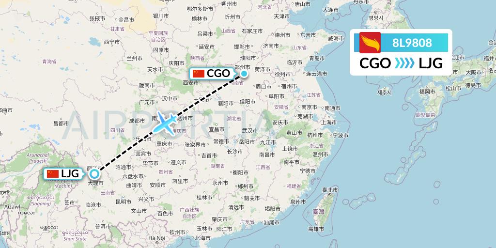 8L9808 Lucky Air Flight Map: Zhengzhou to Lijiang