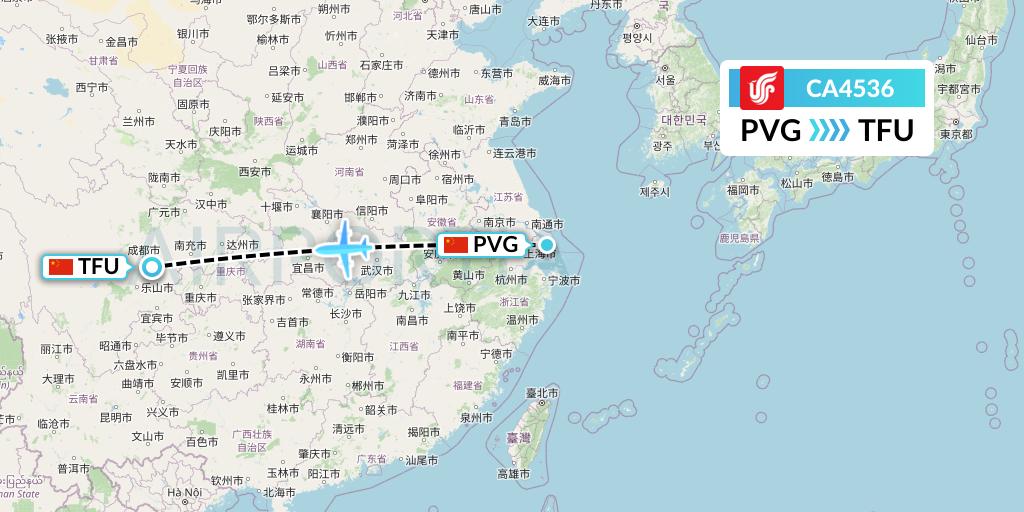 CA4536 Air China Flight Map: Shanghai to Chengdu