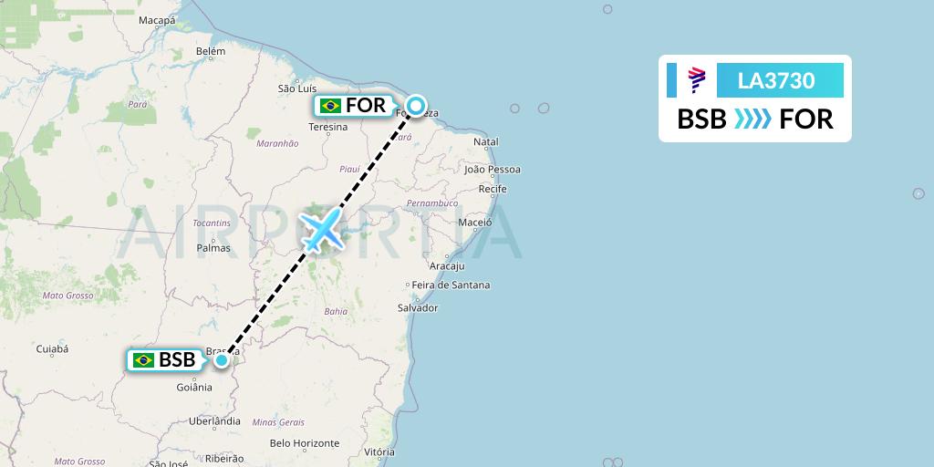 LA3730 LAN Airlines Flight Map: Brasilia to Fortaleza