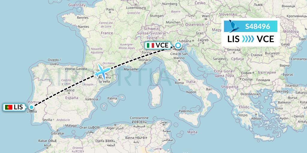 S48496 Azores Airlines Flight Map: Lisbon to Venice