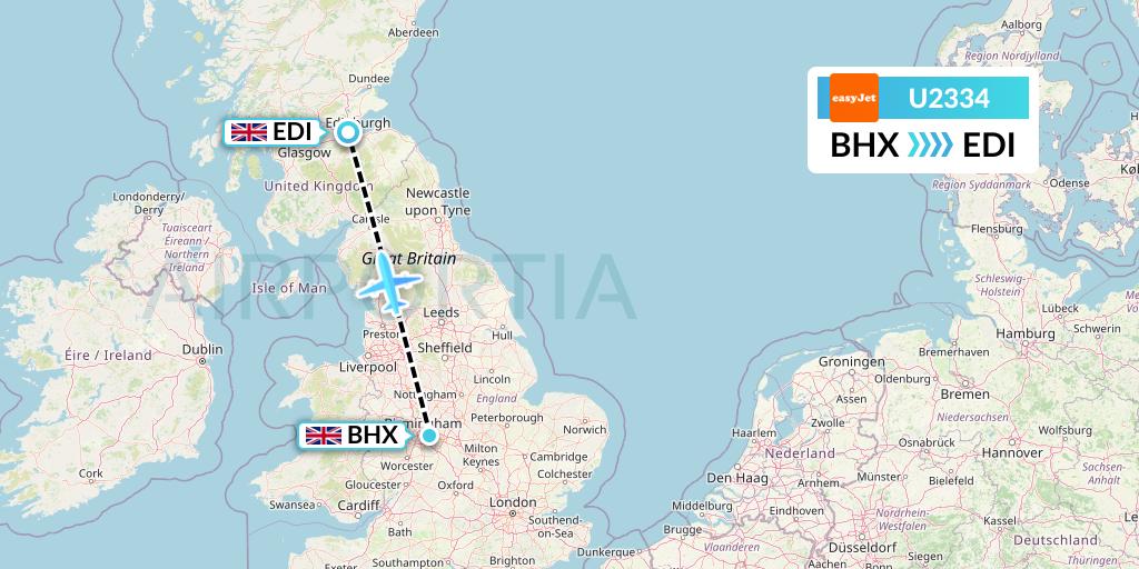 U2334 EasyJet Flight Map: Birmingham to Edinburgh