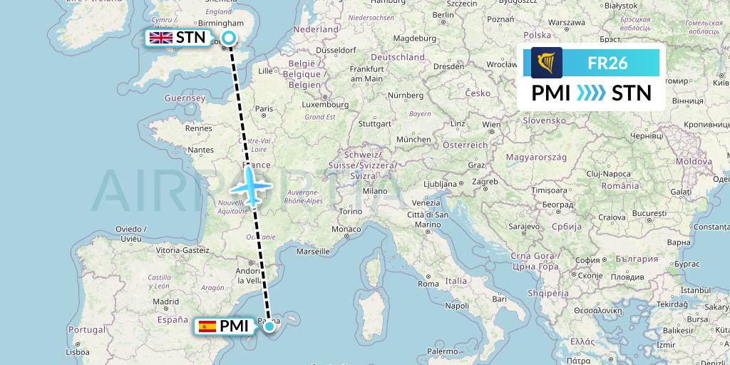 FR26 Ryanair Flight Map: Palma de Mallorca to London