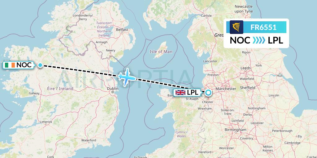 FR6551 Ryanair Flight Map: Knock to Liverpool