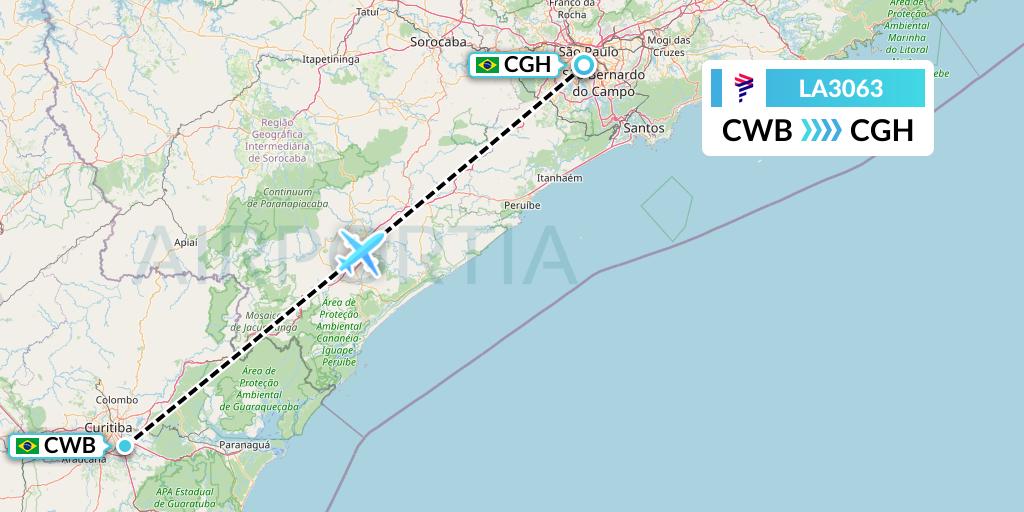 LA3063 LAN Airlines Flight Map: Curitiba to Sao Paulo