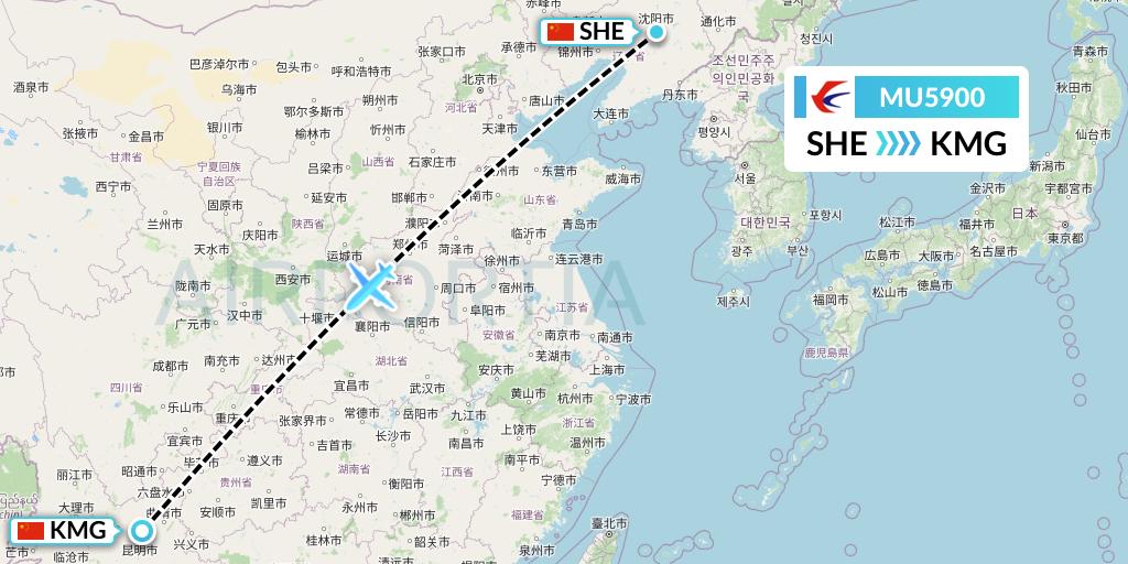 MU5900 China Eastern Airlines Flight Map: Shenyang to Kunming