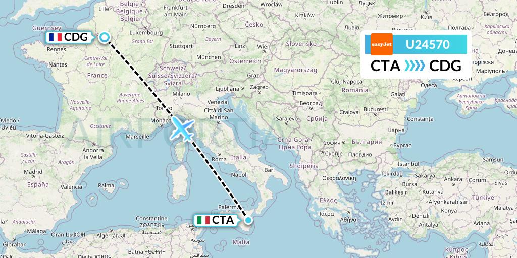 U24570 EasyJet Flight Map: Catania to Paris