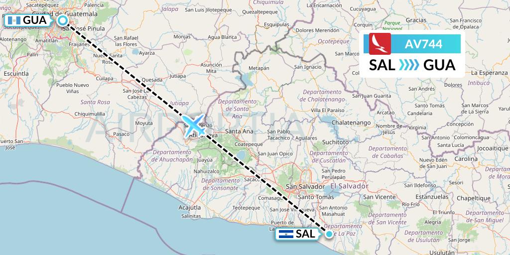 AV744 Avianca Flight Map: San Salvador to Guatemala City
