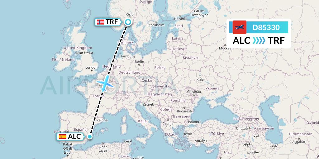 D85330 Norwegian Air International Flight Map: Alicante to Oslo
