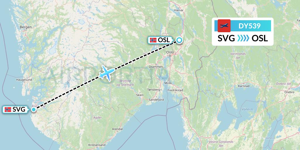 DY539 Norwegian Flight Map: Stavanger to Oslo
