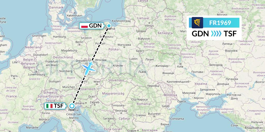 FR1969 Ryanair Flight Map: Gdansk to Treviso