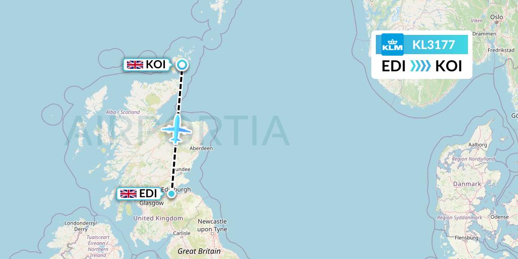 KL3177 KLM Flight Map: Edinburgh to Kirkwall