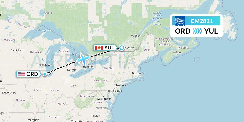 CM2821 Copa Airlines Flight Map: Chicago to Montreal
