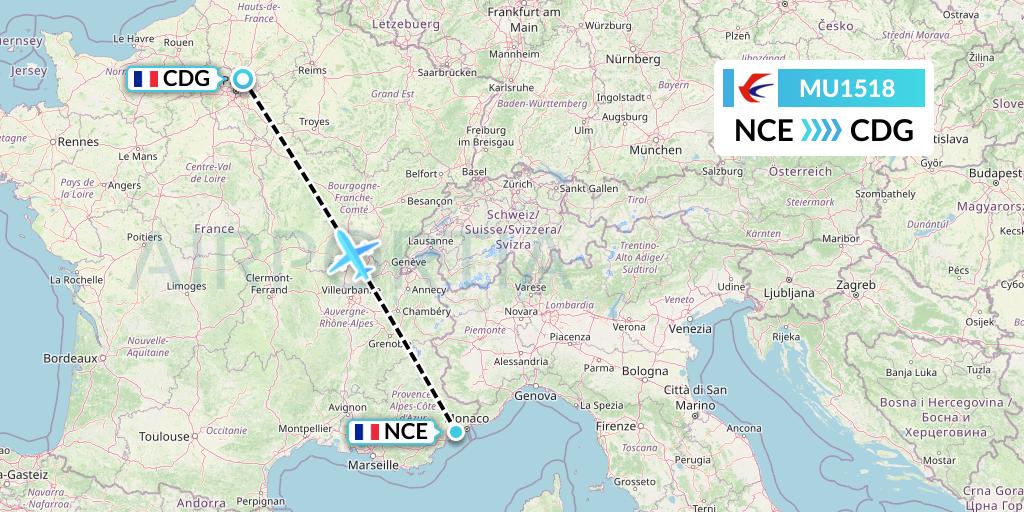 MU1518 China Eastern Airlines Flight Map: Nice to Paris