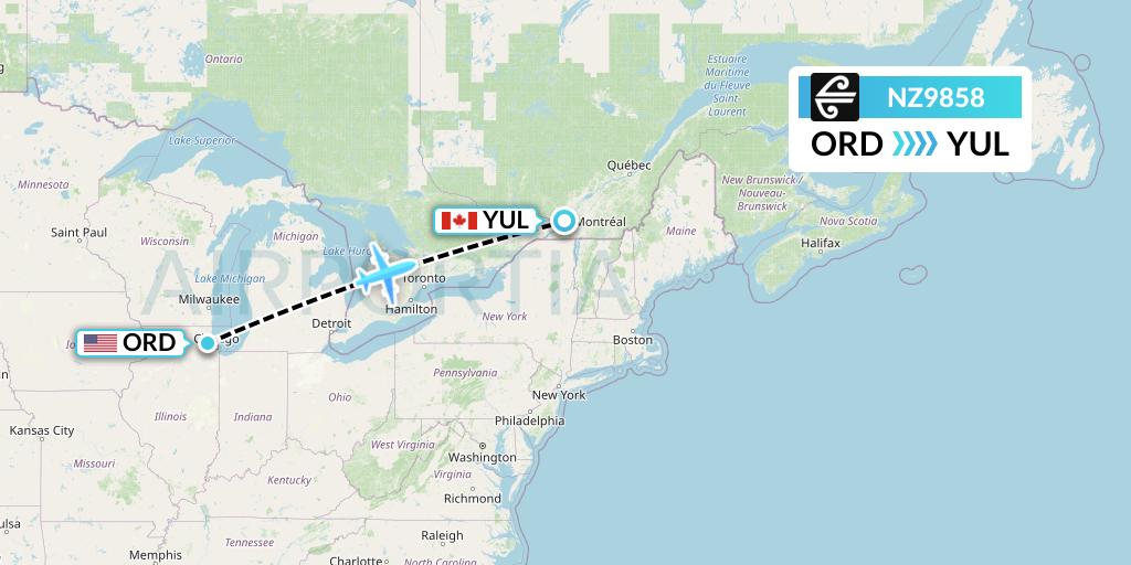 NZ9858 Air New Zealand Flight Map: Chicago to Montreal