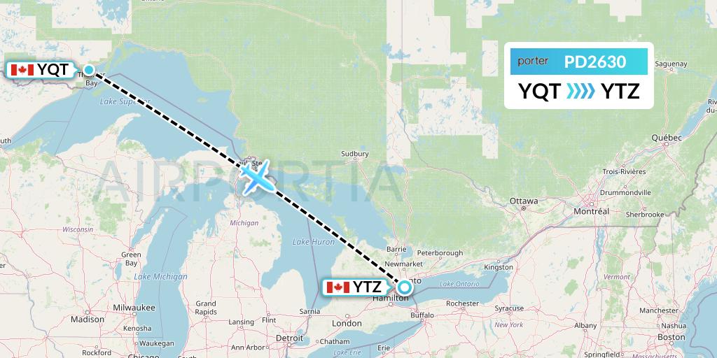 PD2630 Porter Airlines Flight Map: Thunder Bay to Toronto
