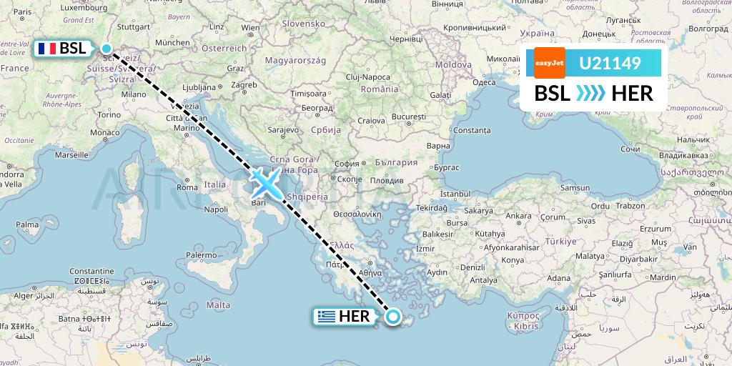 U21149 EasyJet Flight Map: Basel to Heraklion