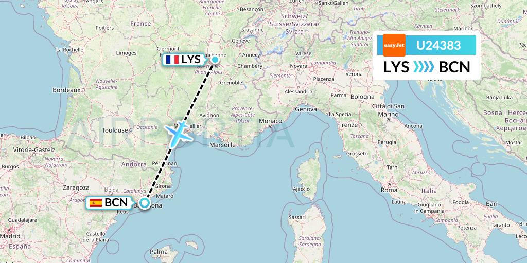 U24383 EasyJet Flight Map: Lyon to Barcelona