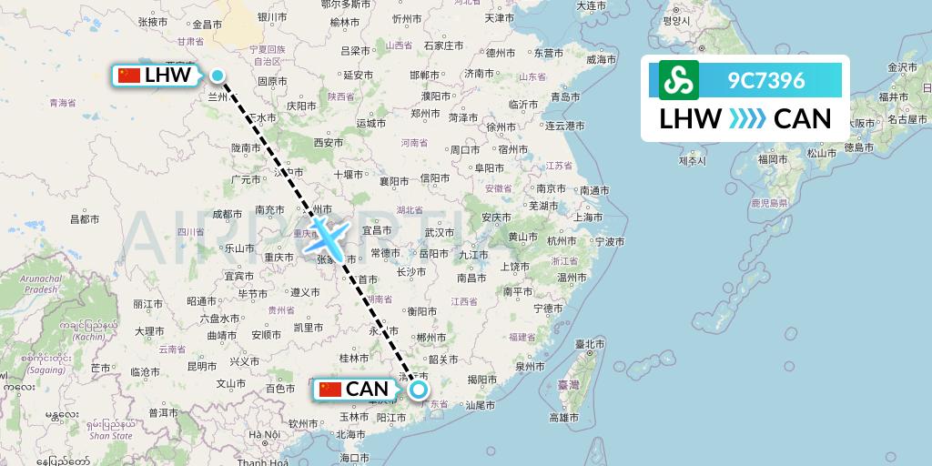 9C7396 Spring Airlines Flight Map: Lanzhou to Guangzhou