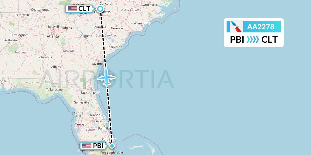 AA2278 American Airlines Flight Map: West Palm Beach to Charlotte