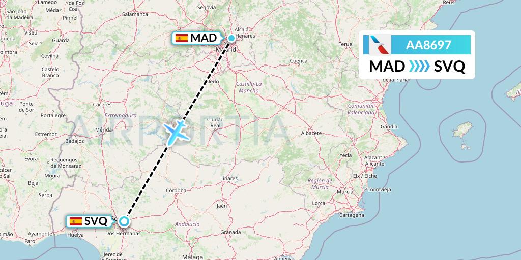 AA8697 American Airlines Flight Map: Madrid to Seville