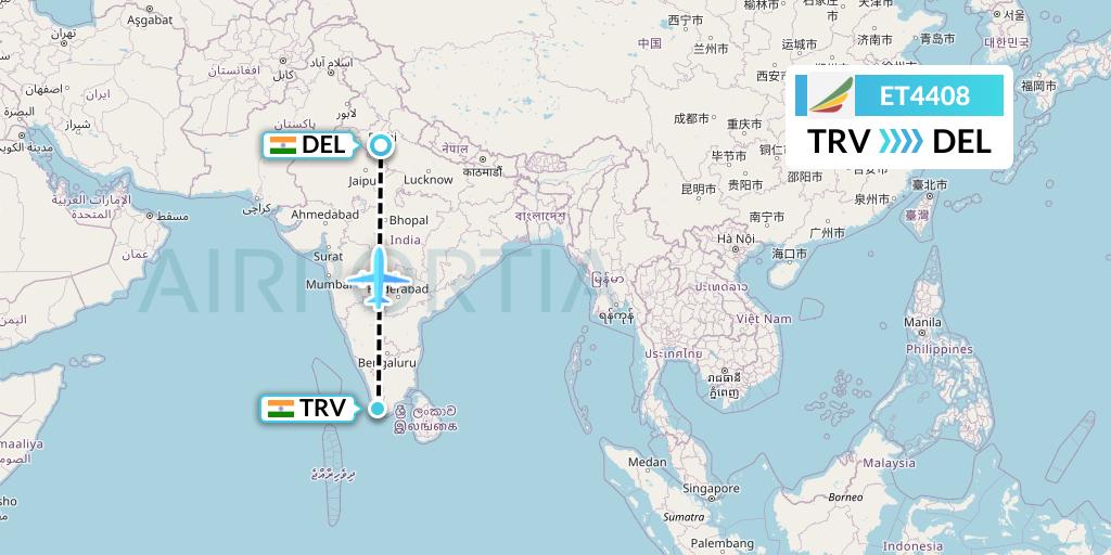 ET4408 Ethiopian Airlines Flight Map: Thiruvananthapuram to Delhi