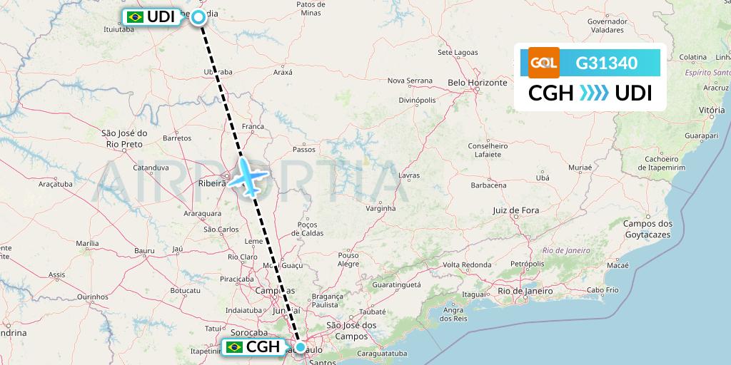 G31340 GOL Transportes Aeros Flight Map: Sao Paulo to Uberlandia