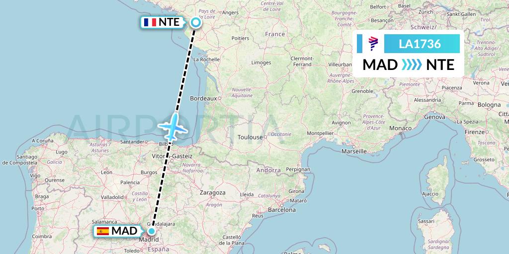 LA1736 LAN Airlines Flight Map: Madrid to Nantes