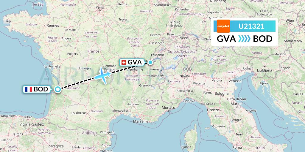 U21321 EasyJet Flight Map: Geneva to Bordeaux