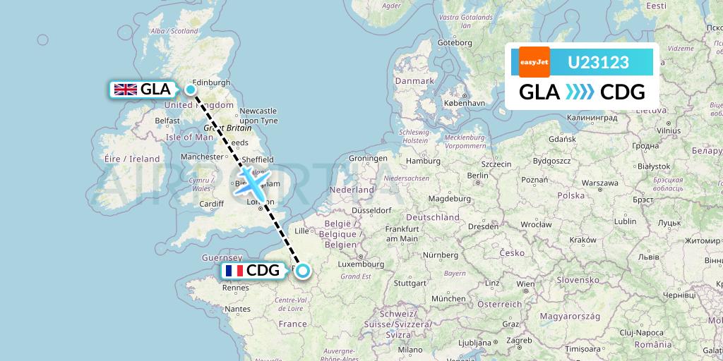 U23123 EasyJet Flight Map: Glasgow to Paris
