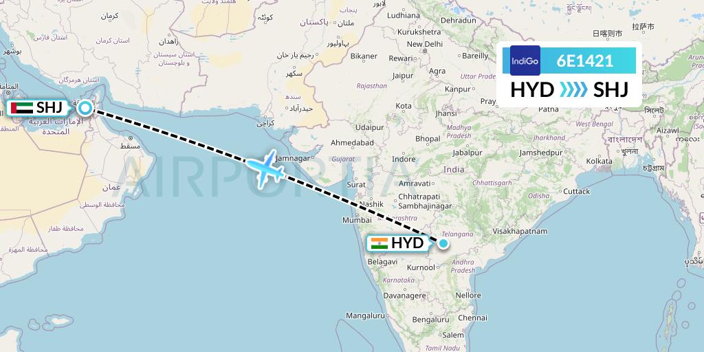 6E1421 IndiGo Airlines Flight Map: Hyderabad to Sharjah