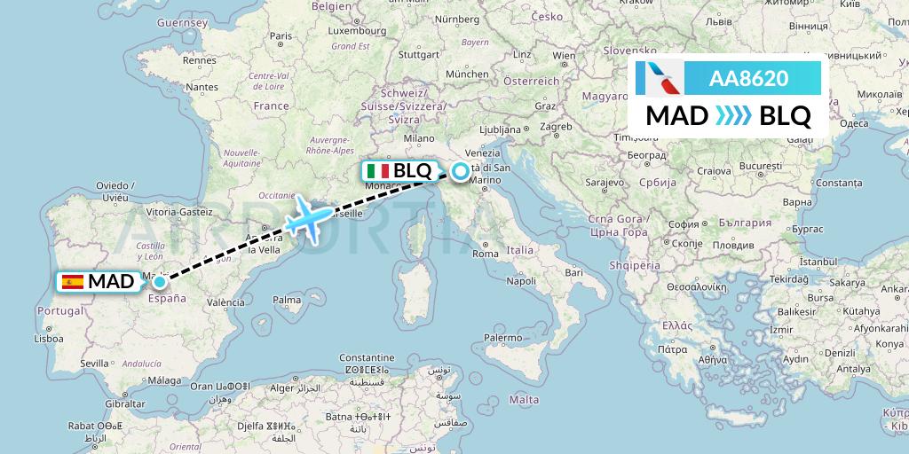 AA8620 American Airlines Flight Map: Madrid to Bologna